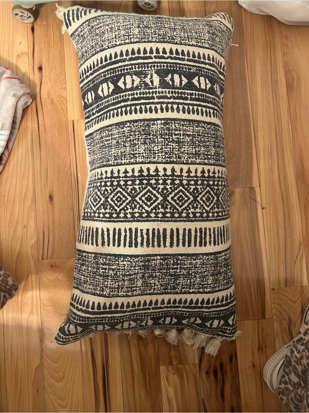 Boho Blue and Cream Patterned Lumbar Pillow